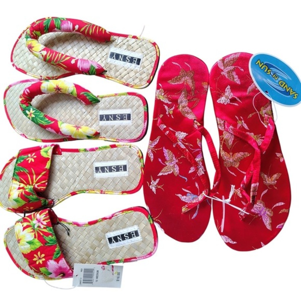 Lot of 3 ESNY Sand N Sun Red Floral Butterfly Sandals Flip Flops 9 10 new